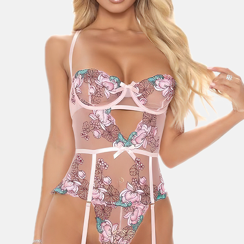 Bustier Ceinture Rose Noeuds Dentelle - Vue principale