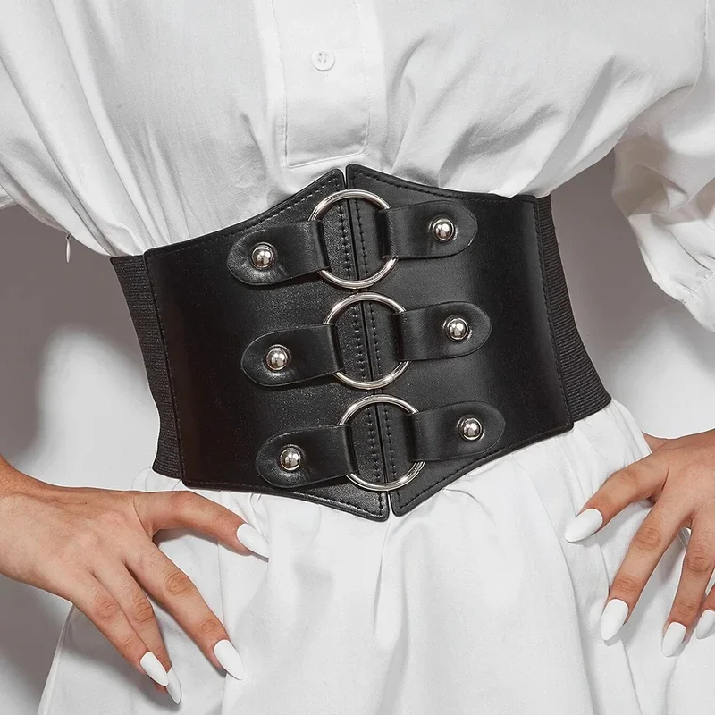 Ceinture à boucles corset large noire en cuir - Vue principale