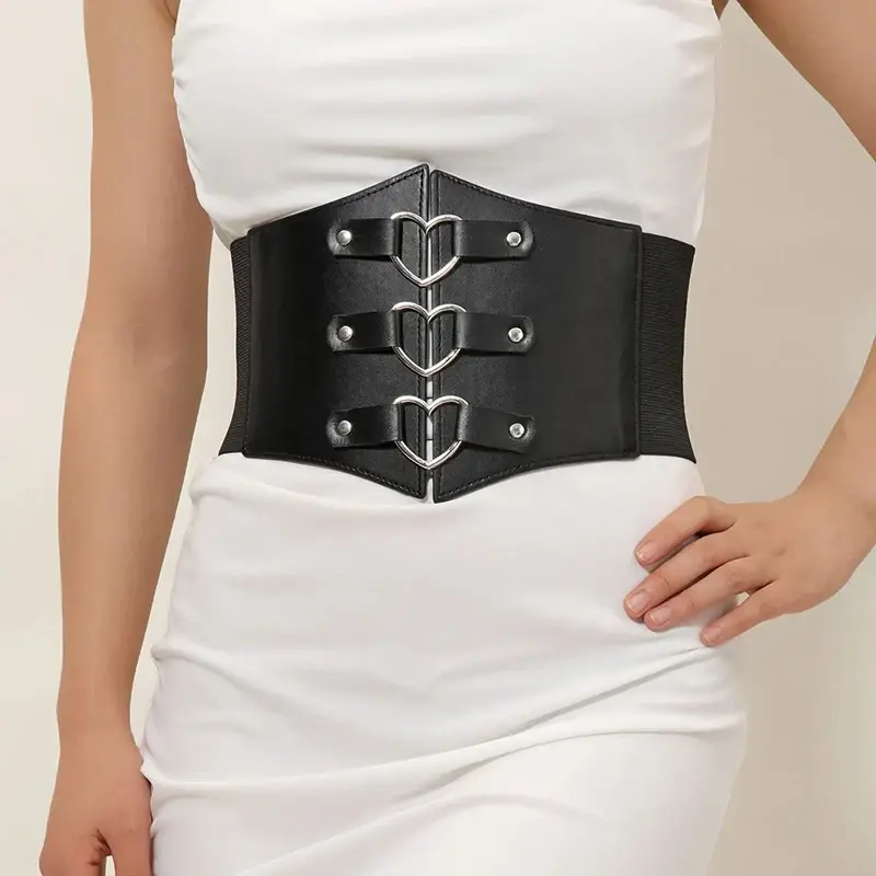 Ceinture Corset Noire Simili-Cuir Boucles Coeur Argent
