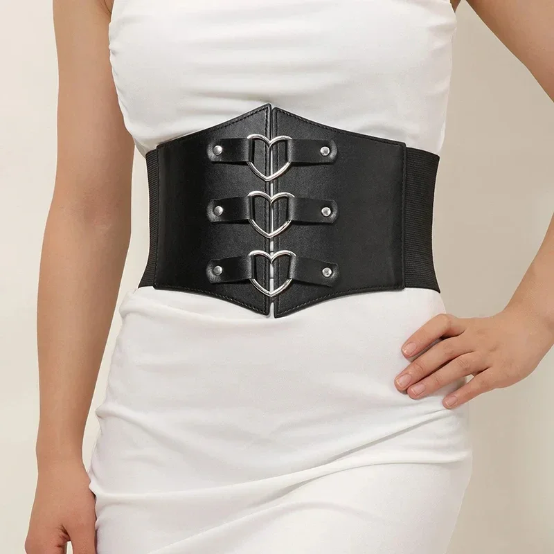 Ceinture Corset Noire Simili-Cuir Boucles Coeur Argent - Vue principale