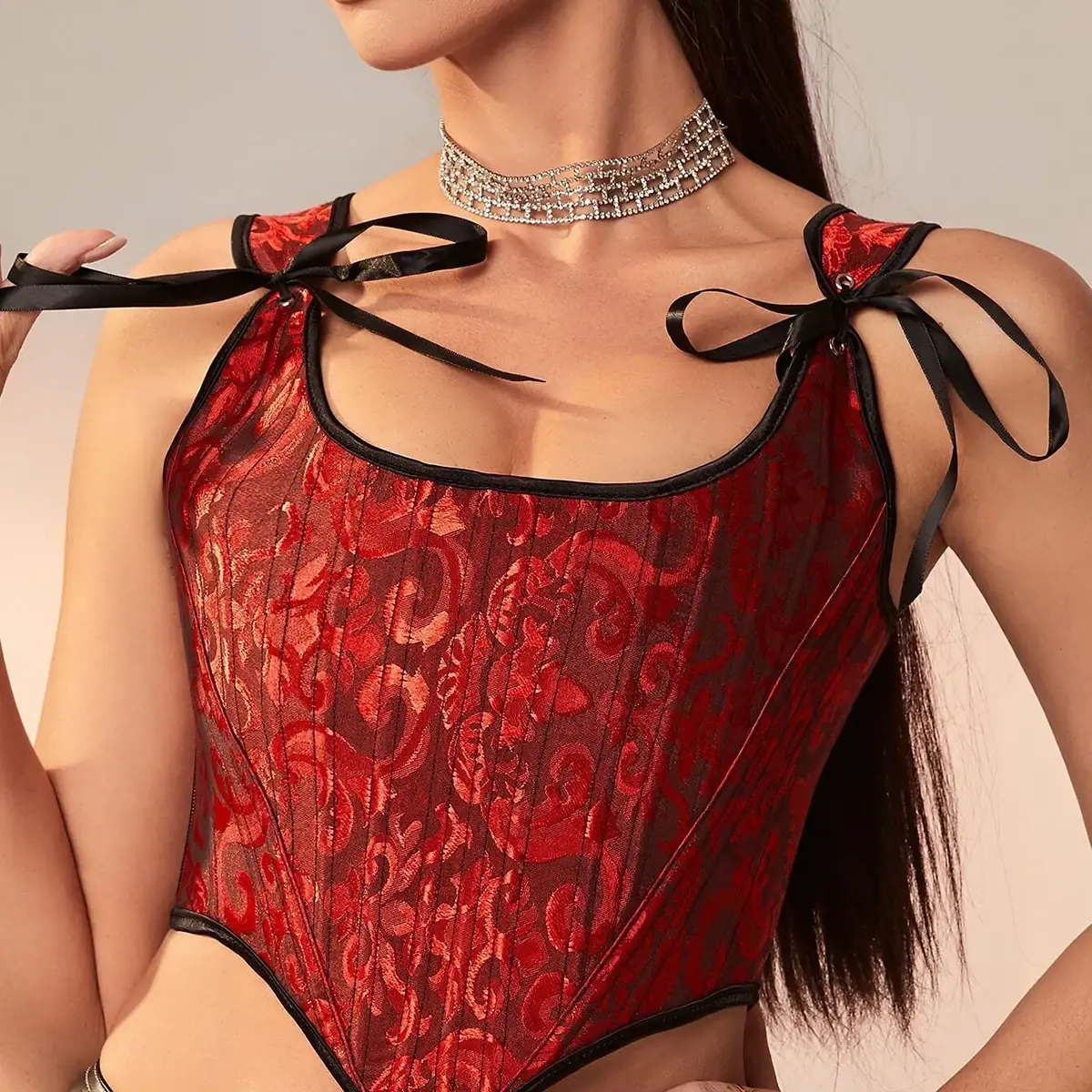 Corset avec Lacets Noir et Rouge Satin Col Carre
