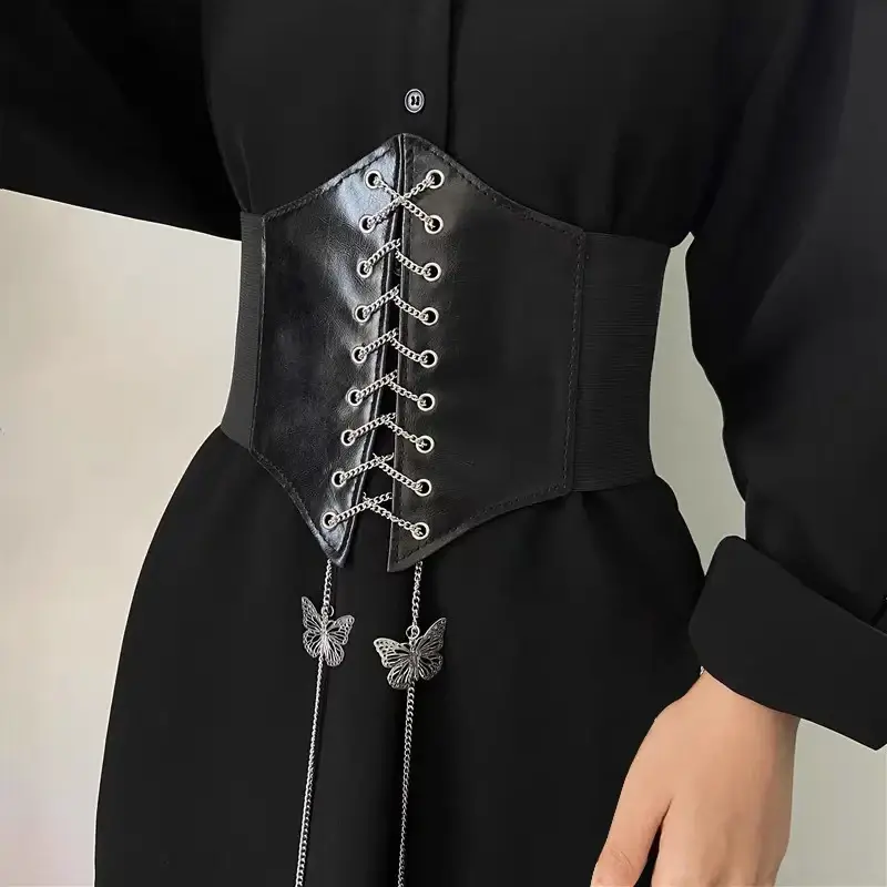 Ceinture Corset Noire Simili-Cuir Lacets Chaines Papillons Argent