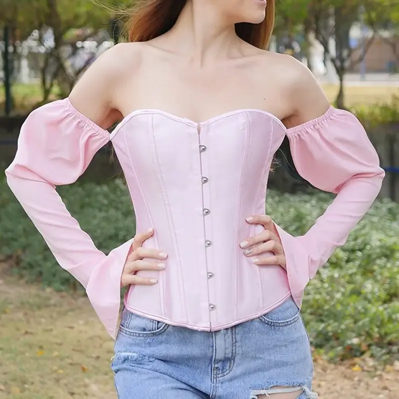 Corset Satin Rose Manches Longues Decollete Coeur