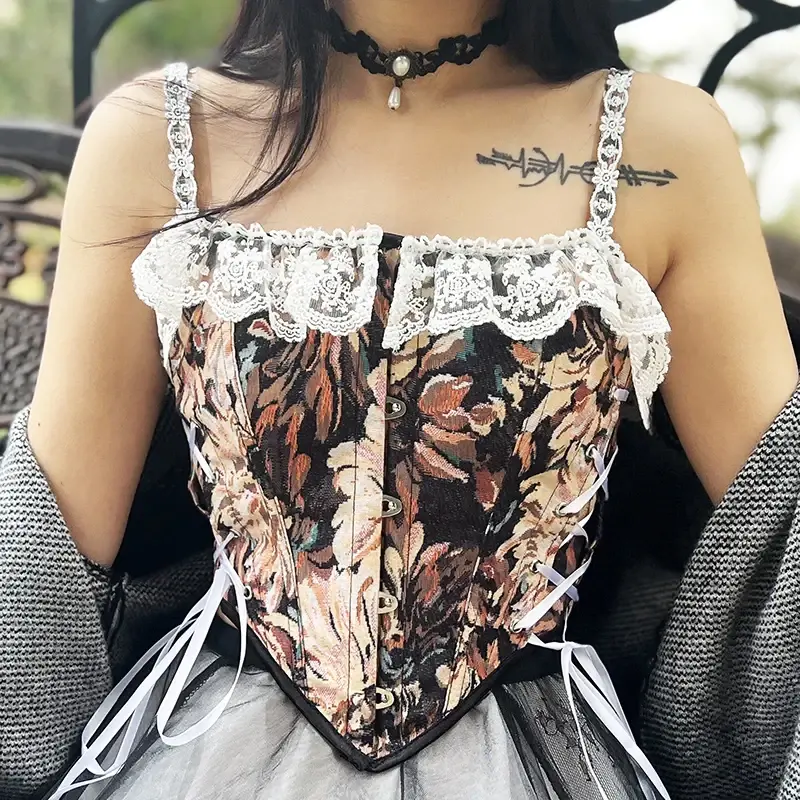 Corset Dentelle Vintage Beige Bretelles Brodees