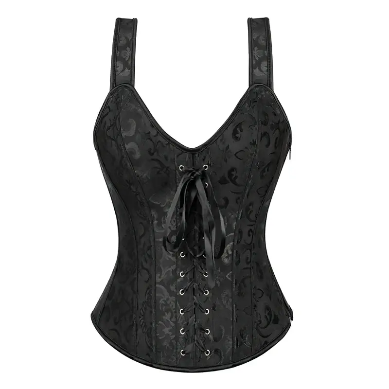 Corset Noir Satin Bretelles Coeur Dentelle