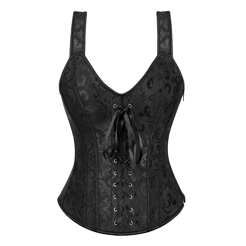 Corset Noir Satin Bretelles Coeur Dentelle - Vue principale