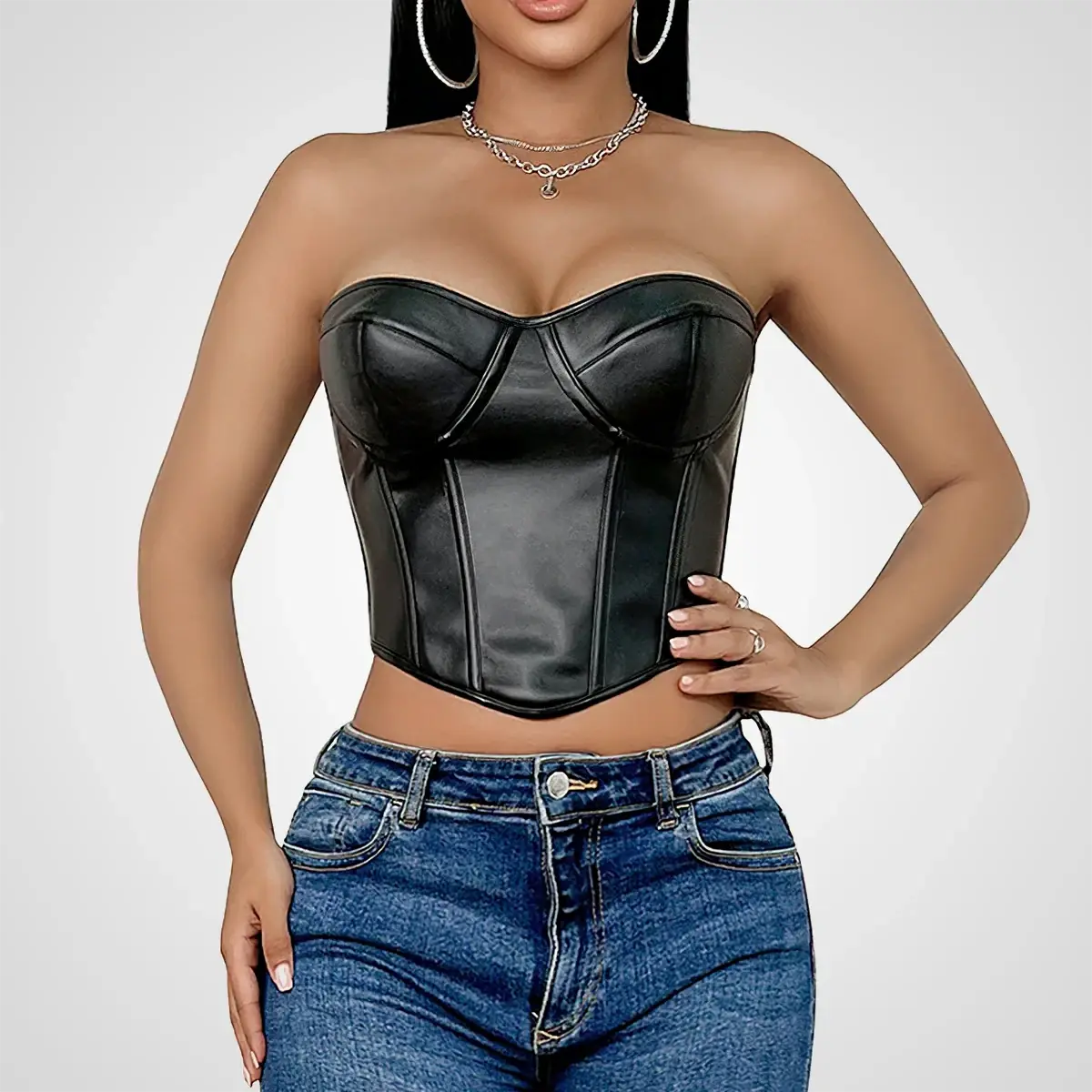 Corset Court Noir Simili-Cuir Zip Devant Sans Bretelles