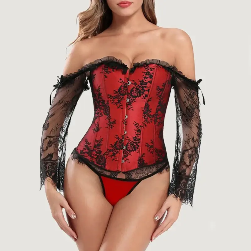 Corset Dentelle Noir Rouge Bretelles Ruban