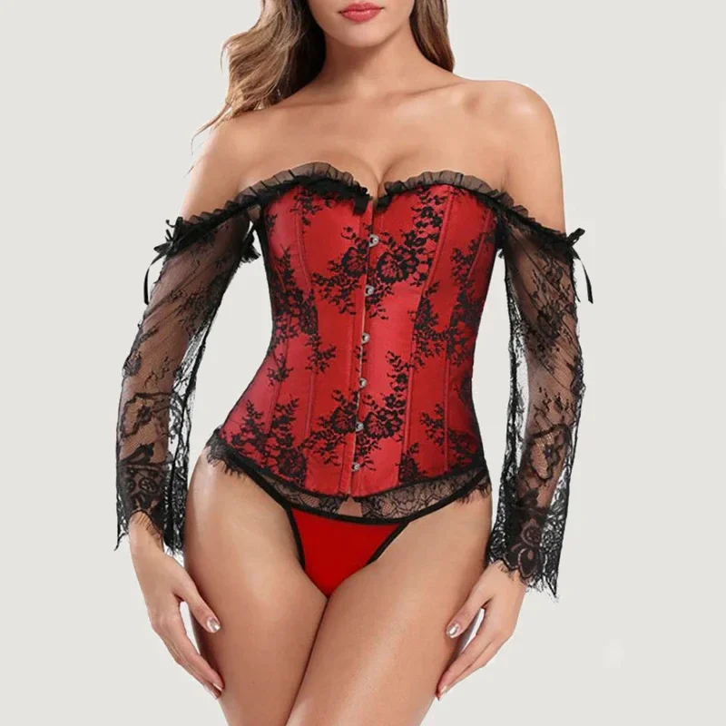 Corset Dentelle Noir Rouge Bretelles Ruban - Vue principale