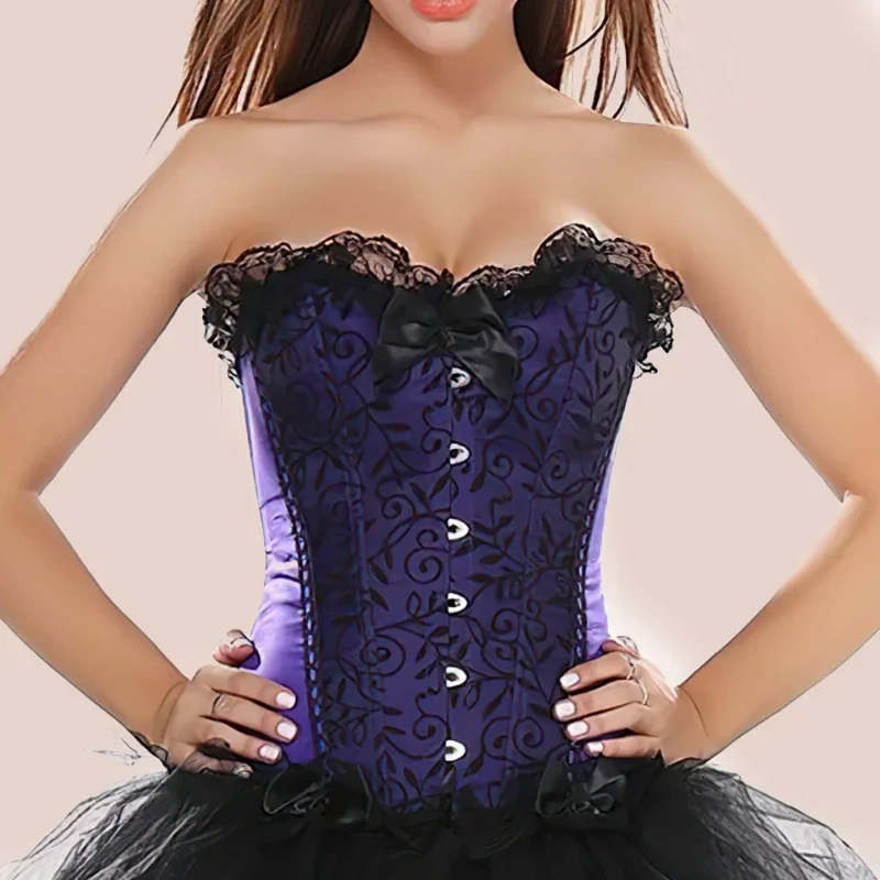 Corset Satin Dentelle Violet Brodure Bretelles Fines - Vue principale