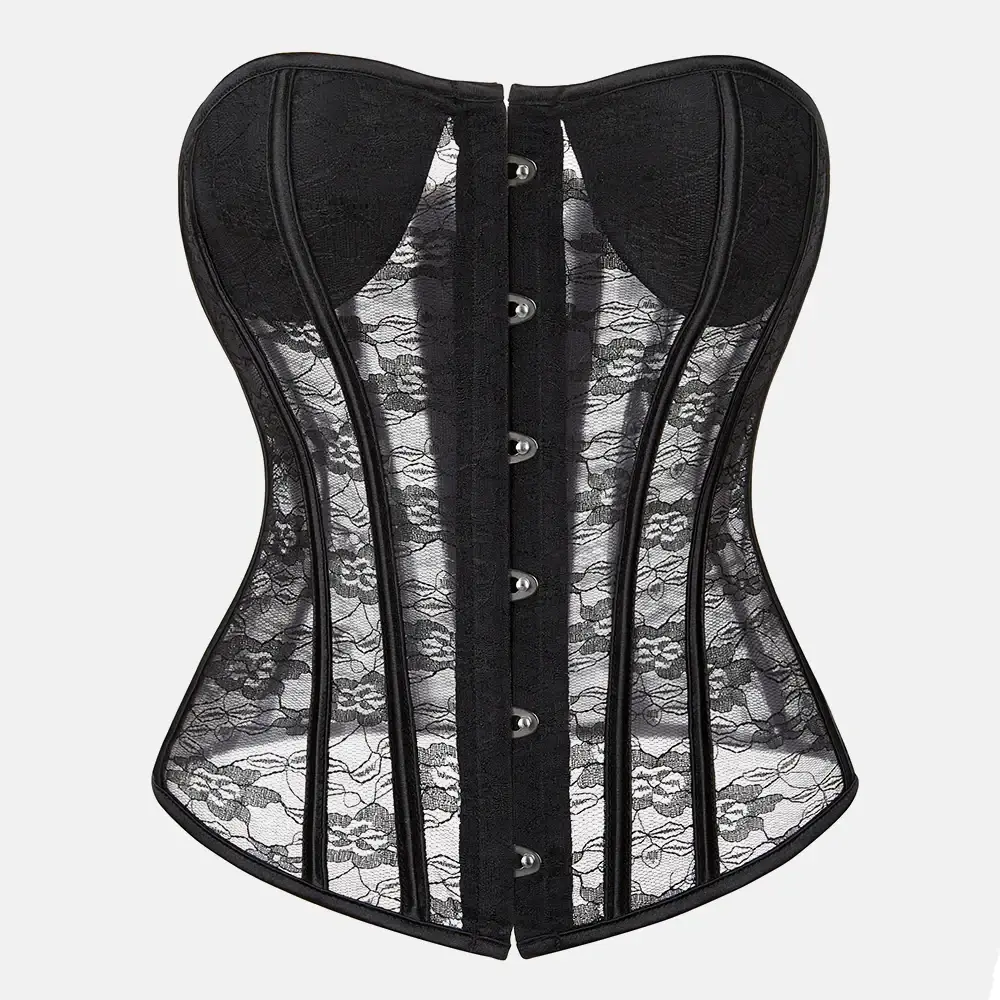 Corset Noir Dentelle Brodee Encolure Coeur Bretelles Fines
