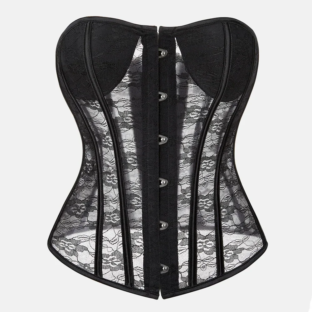 Corset Noir Dentelle Brodee Encolure Coeur Bretelles Fines - Vue principale