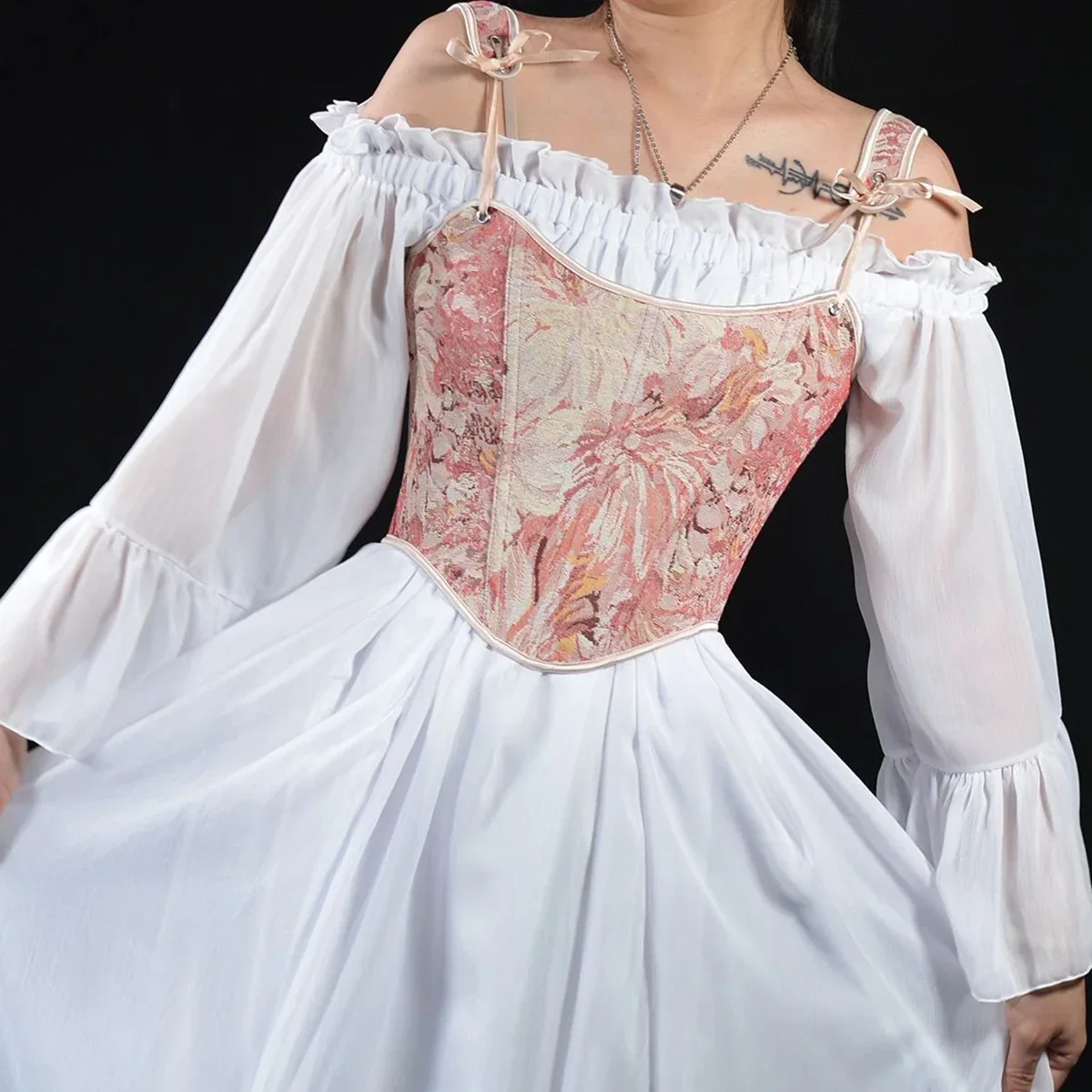 Corset Court Rose Jacquard Fleur Or Lacets Noeuds Bretelles - Vue principale