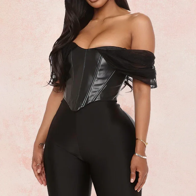 Corset Simili-Cuir Laque Noir Sans Bretelles avec Zip - Vue principale