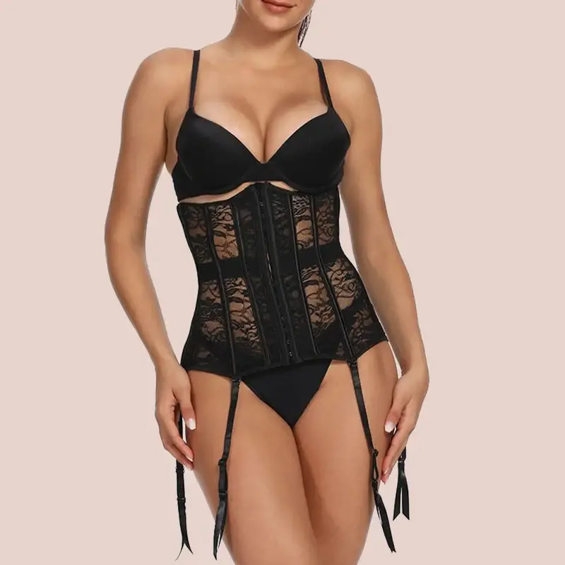Ceinture Noir Dentelle avec Fleurs et Clips Devant