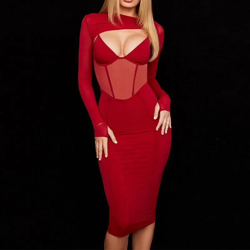Robe Corset Rouge Manches Longues Cocktail