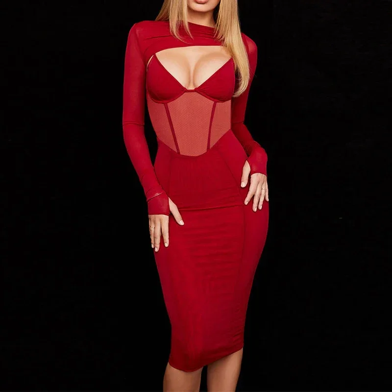 Robe Corset Rouge Manches Longues Cocktail - Vue principale
