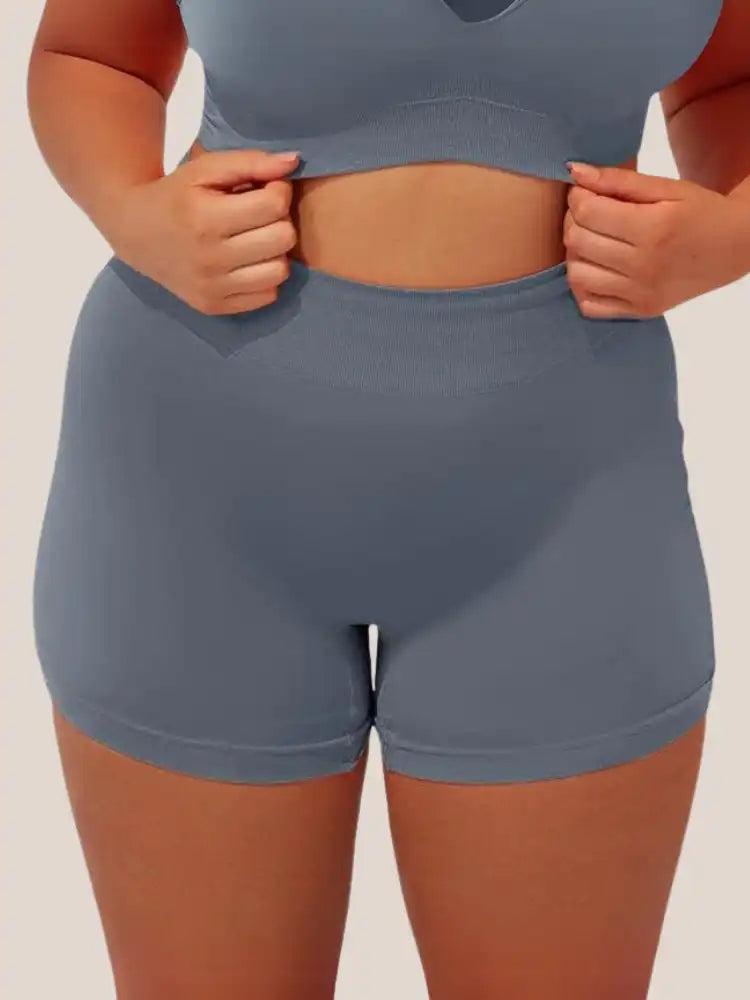 Ensemble Sport Bleu Ardoise Crop Top et Short Taille Haute